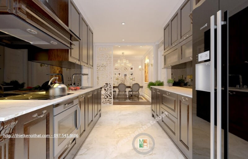 Mẫu thiết kế nội thất phòng bếp chung cư được bố trí hợp lí, các thiết bị nhà bếp hiện đại cũng được gia chủ lựa chọn nhằm mang lại sự tiện nghi nhất cho người nội trợ Thiết kế phòng bếp, tủ bếp đẹp