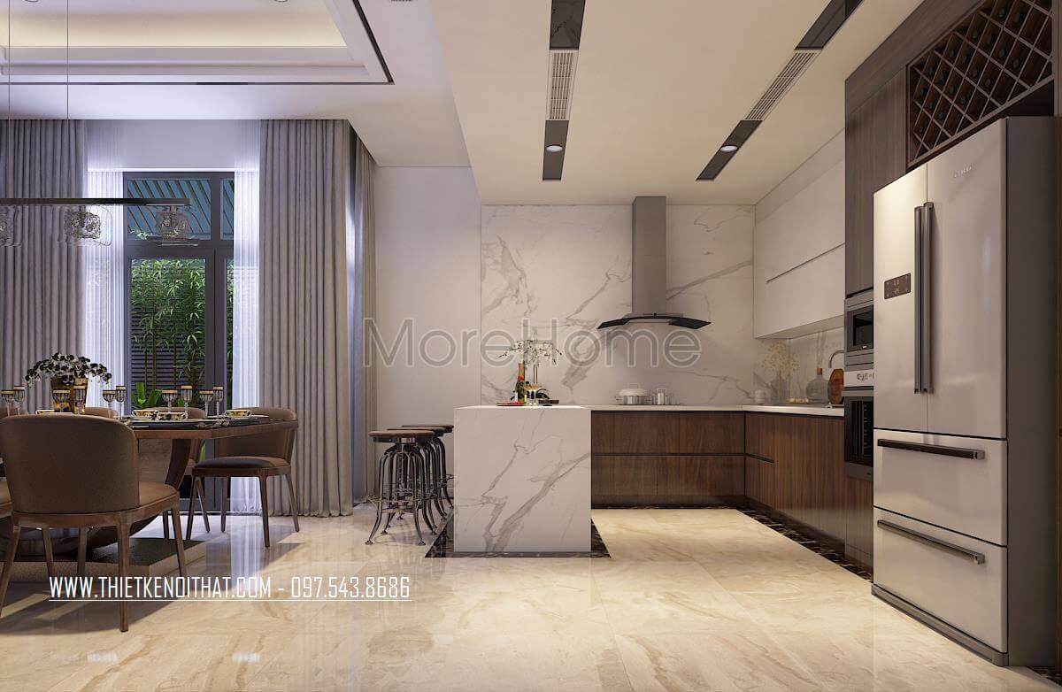Mẫu tủ bếp gỗ công nghiệp veneer màu nâu chữ L hiện đại là điểm nhấn cho không gian bếp Thiết kế phòng bếp, tủ bếp đẹp