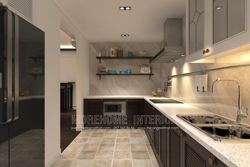 Tủ bếp chữ L với thiết kế hiện đại đơn giản kết hợp chất liệu gỗ tự nhiên nhập khẩu cao cấp cùng màu sắc tương phản mang lại cảm giác căn hộ rộng hơn thực tế Tủ bếp gỗ tự nhiên