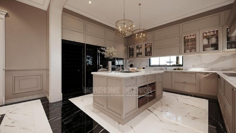 Tủ bếp chữ U gỗ tự nhiên cao cấp tạo vẻ đẹp sang trọng cho không gian nhà phố, biệt thự. Tủ bếp gỗ tự nhiên