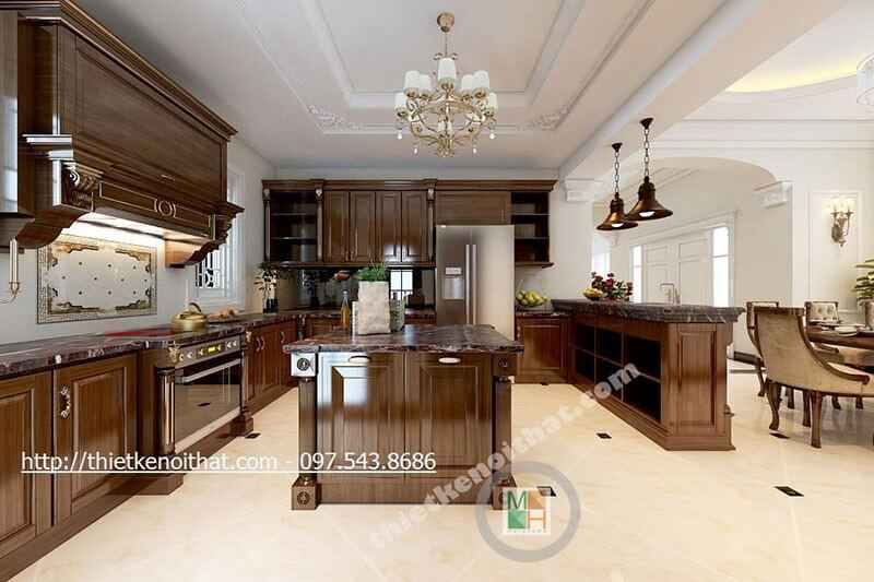 Thiết kế tủ bếp chữ u gỗ tự nhiên với tone màu trầm, mặt bếp ốp đá tự nhiên cao cấp thuận tiện cho việc vệ sinh và tạo sự thẩm mỹ cho căn bếp Tủ bếp gỗ tự nhiên