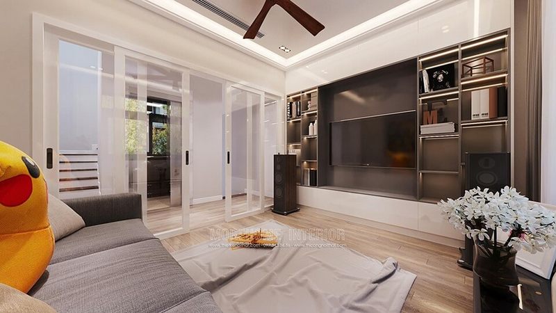 Trang trí nội thất hành lang tầng đẹp với thiết kế phòng khách nhỏ xinh hiện đại