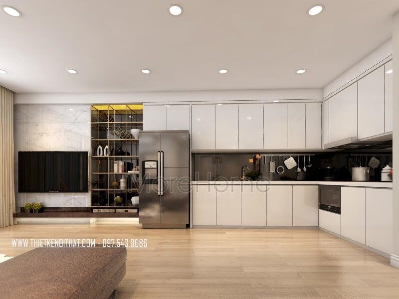 Với lối thiết kế gần như âm tường, tạo mặt phẳng gọn gàng, nội thất phòng bếp giúp tiết kiệm một diện tích đáng kể, tạo không gian trống lớn đảm bảo theo mong muốn của gia chủ, phù hợp với các hoạt động sinh hoạt, vui chơi của cả gia đình