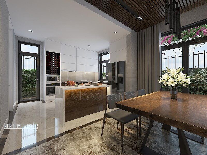 Trang trí nội thất phòng bếp đảo hiện đại, đẹp vừa thông thoáng vừa tách biệt nhưng gần gũi với ánh sáng tự nhiên.