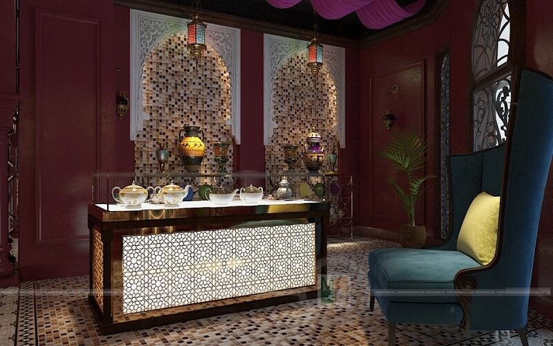 Mẫu thiết kế phòng trà ấn tượng tại showroom làm đẹp Saffron với đồ nội thất họa tiết nổi bật theo phong cách Iran- Địa Trung Hải