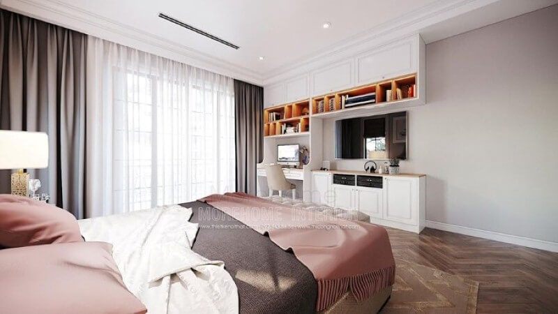 Sắp xếp nội thất góc học tập trong phòng ngủ của con gái đẹp ấn tượng theo phong cách đương đại.