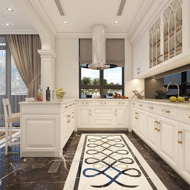 Tủ bếp cao cấp được làm từ chất liệu gỗ sồi nhập khẩu, bên ngoài phun sơn trắng tạo nên sự thanh thoát và nhẹ nhàng hơn