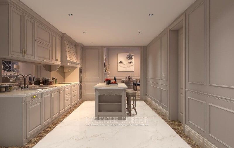 Tủ bếp màu trắng được sản xuất từ chất liệu gỗ tần bì cao cấp nhập khẩu mang lại khu vực nhà bếp sang trọng hơn bao giờ hết