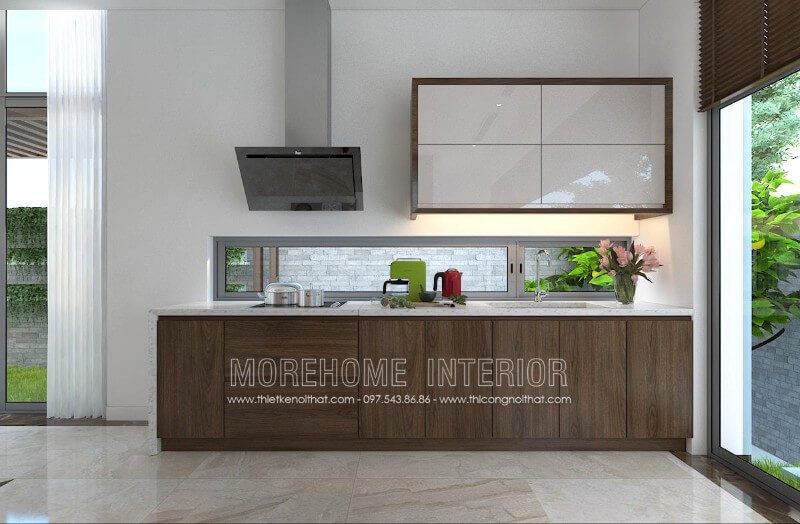 Thiết kế tủ bếp gỗ nhập khẩu kết hợp Acrylic là sự lựa chọn lý tưởng cho các không gian nhỏ khiến căn bếp biệt thự như rộng thoáng hơn so với thực tế mà vẫn toát lên vẻ sang trọng, đẳng cấp