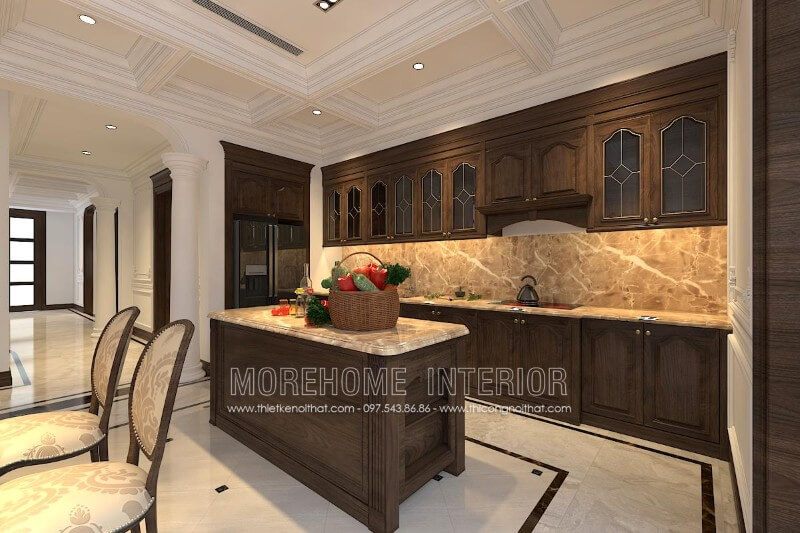 Mẫu tủ bếp gỗ óc chó đẹp được hoàn thiện bởi Morehome luôn phù hợp mọi không gian sang trọng và đẳng cấp như chung cư, biệt thự cao cấp