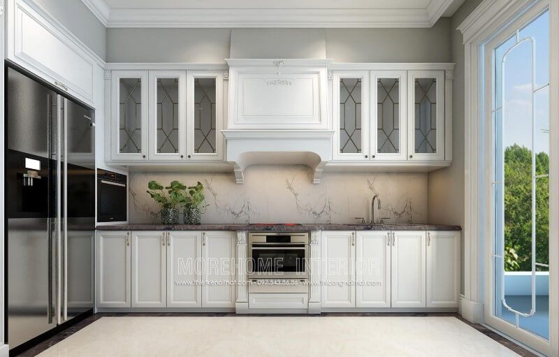 Mẫu tủ bếp gỗ tự nhiên cao cấp được Morehome hoàn thiện.