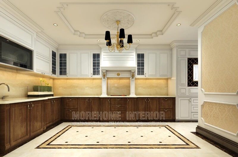 Mẫu thiết kế tủ bếp gỗ óc chó đẹp cho nhà biệt thự cao cấp.