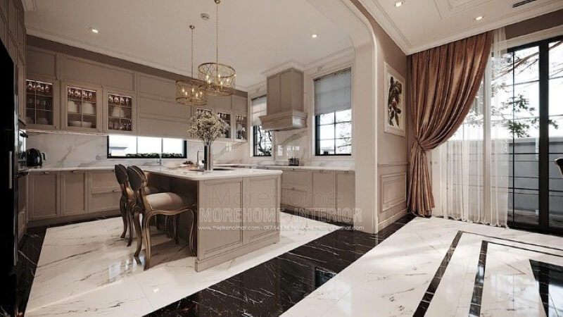 Mẫu tủ đảo bếp gỗ tự nhiên gam màu nâu nhạt kết hợp cùng đá ốp lát tạo nên vẻ đẹp nhẹ nhàng, thanh lịch nhưng không kém phần sang trọng tại biệt thự cao cấp Hải Phòng.