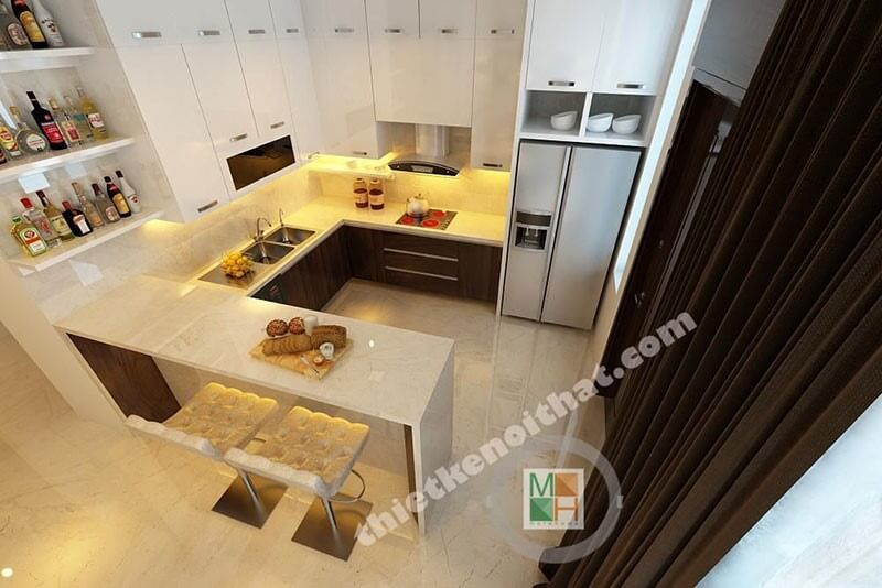 Mẫu tủ bếp chữ L gỗ công nghiệp hiện đại, bề mặt ốp đá cao cấp mang đến không gian sạch sẽ cho người nội trợ.