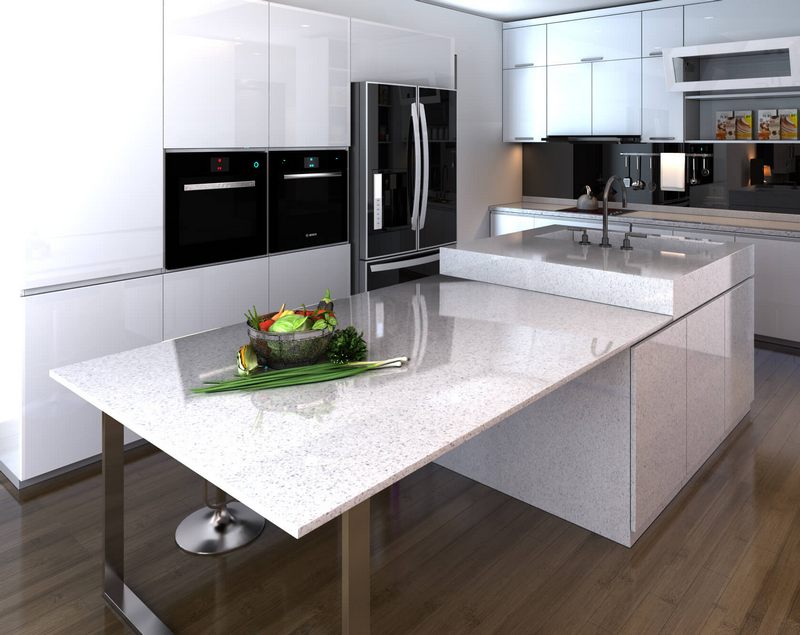 Đá ốp đảo bếp đá nhân tạo có khả năng uốn cong, giúp giảm thiểu không gian, mang lại sự thoải mái và tinh tế về thẩm mỹ.